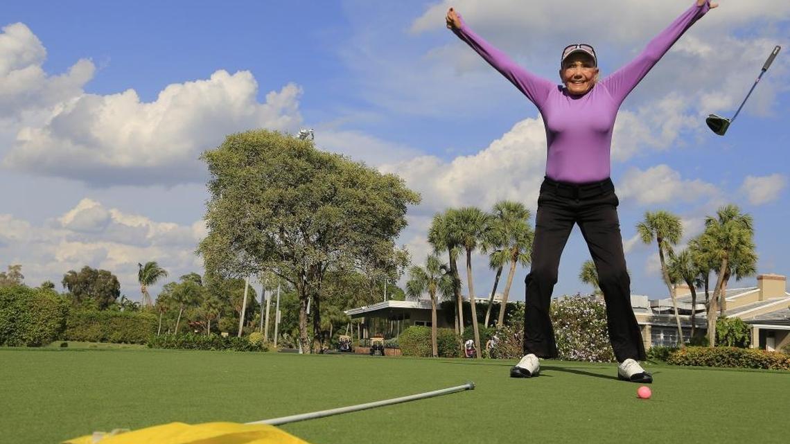 Carol Wilson, 81, who had been unable to play golf or walk any distance after a heart attack, leaps with joy while putting at the Miami Shores Country Club on Feb. 9. Her recovery began after she took part in the stem cell studies Dr. Joshua Hare was leading with heart patients at the University of Miami’s Miller School of Medicine.