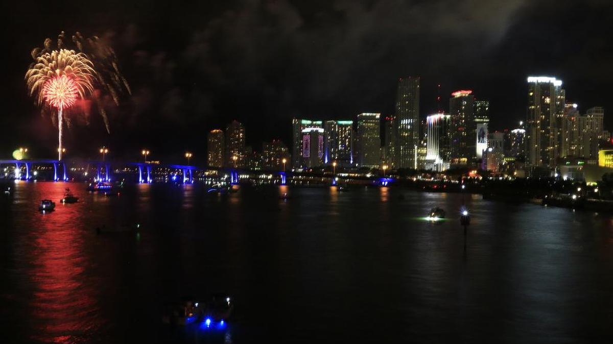 The 2016 Fourth of July fireworks display is seen from the McArthur Causeway.