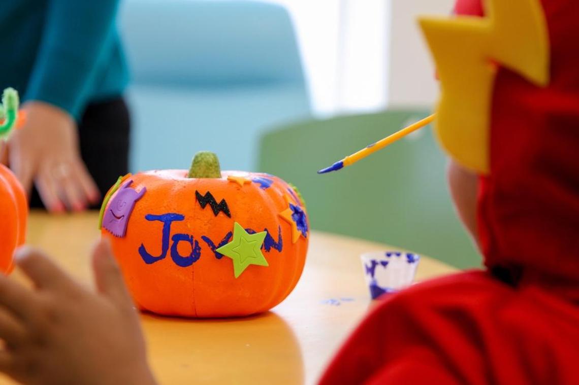 A foam pumpkin Jovon Moss, 4, decorated and painted his name on as he received treatment at Alex’s Place at Sylvester Comprehensive Cancer Center on Oct. 24, 2017. Jovan, diagnosed with a rare form of stage 2 lymphoma, is receiving stell-cell treatments to replenish his supply of T-cells, which help fight infection.