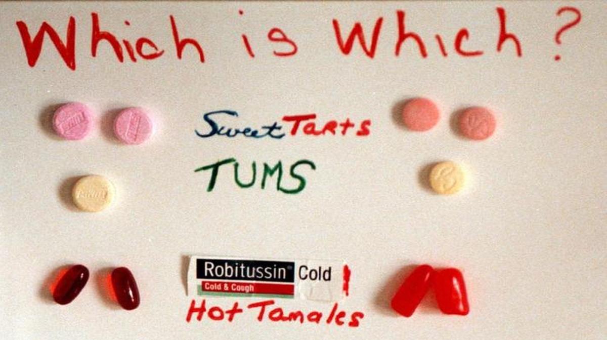 A display to show children and adults that several types of candy look a lot like medicine.
