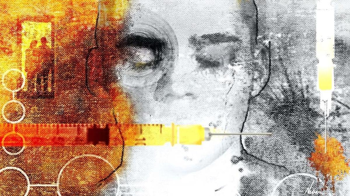 A color illustration of a young drug addict with a syringe. According to the U.S. Department of Health and Human Services 13,000 users died in the U.S. in 2015 from opiod abuse.