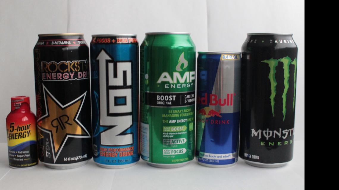 
Currently popular energy drinks line store shelves.
