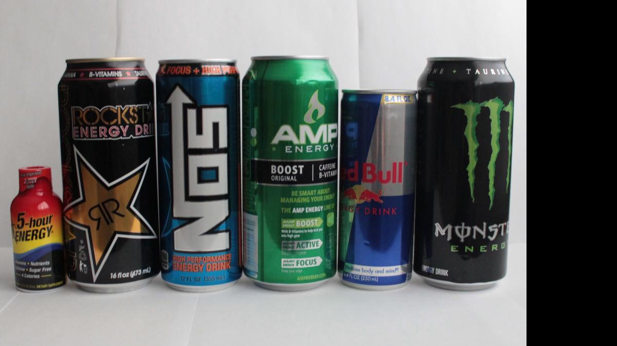 
Currently popular energy drinks line store shelves.
