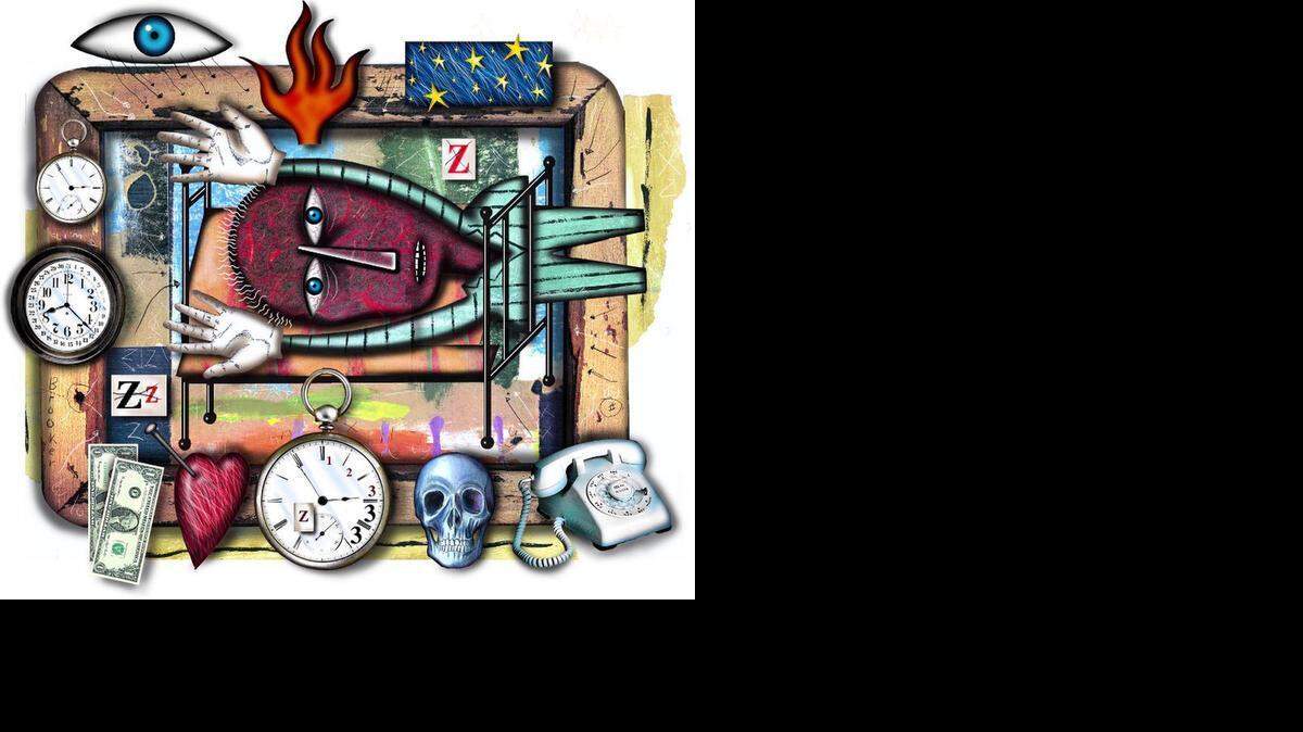 Size as needed, Philip Brooker color illustration of anxiety: group of images including clocks, phone, heart with nail through it, eye, stars, skull. The Miami Herald, 1995 CATEGORY: ILLUSTRATION SUBJECT: Anxiety illus. ARTIST: Philip Brooker ORIGIN: Miami Herald TYPE: EPS JPEG SIZE: As needed ENTERED: 5/23/95 REVISED: STORY SLUG: Stand-alone illustration, feature, features, medical, medicine, psychiatry, anxiety, fear, tension, nerves, stress, skull, clock, telephone, Miami, Herald, Brooker, 1995