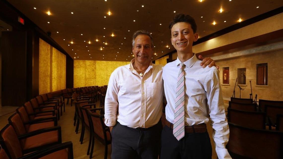 Mark Baranek, director of congregational engagement at Temple Beth Sholom, and Oliver Stern, 17, at Temple Beth Sholom in Miami Beach on Monday Oct. 2. Oliver, of Miami Beach, is the only Miami recipient of the 2017 Diller Teen Tikkun Olam Award, a $36,000 award that recognizes teens for their commitment to social good and volunteer service.