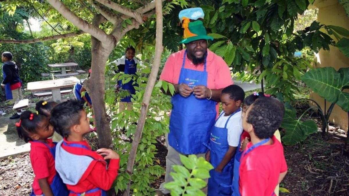 Teacher Samuel J. Wims talks to his first-grade students about the Cotton Candy Strawberry Tree, which produces small red berries that taste like cotton candy, on Tuesday Oct. 25, 2016. The project is part of the Edible Garden Initiative at Kelsey Pharr Elementary School, a project sponsored by The Education Fund, a nonprofit that works to improve and innovate public education in Miami-Dade County.