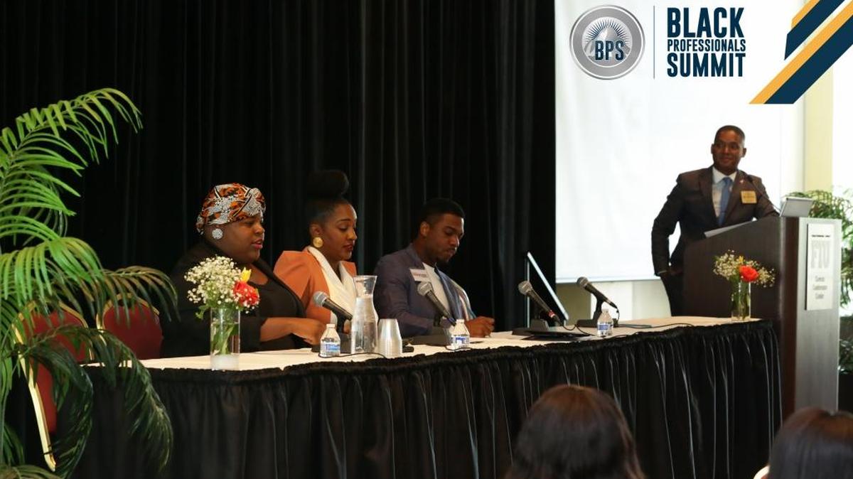 Valencia Gunder of Make the Homeless Smile; Christin “CiCi” Battle, executive director of YP4; Michael Hepburn, candidate for U.S. House 27th District seat; and moderator Cedric McMinn, chief of staff for Miami-Dade school board member Dorothy Bendross-Mindingall, on the “Economics of Politics and Advocacy” panel.