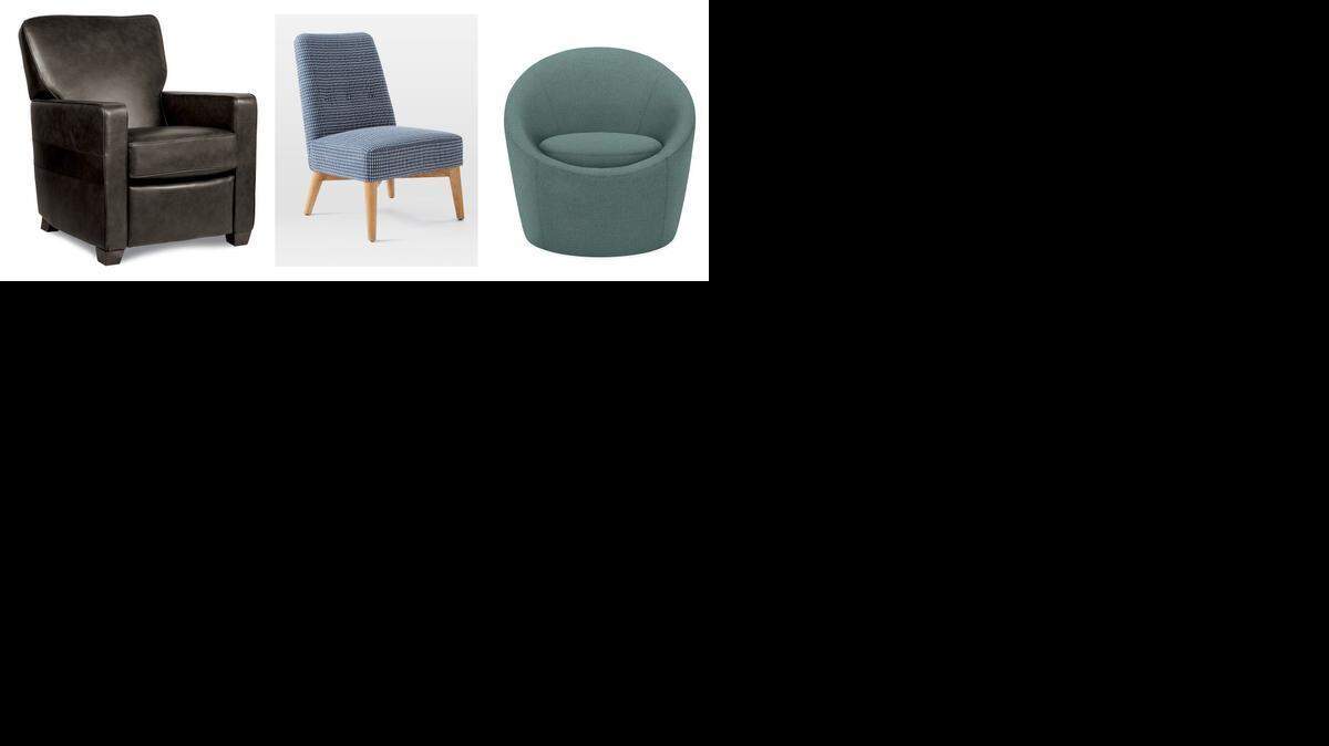 
Left, La-Z-Boy’s Midwtown Recliner; center, West Elm’s Button Slipper Chair; right, Room & Board’s Celeste Chair. 
