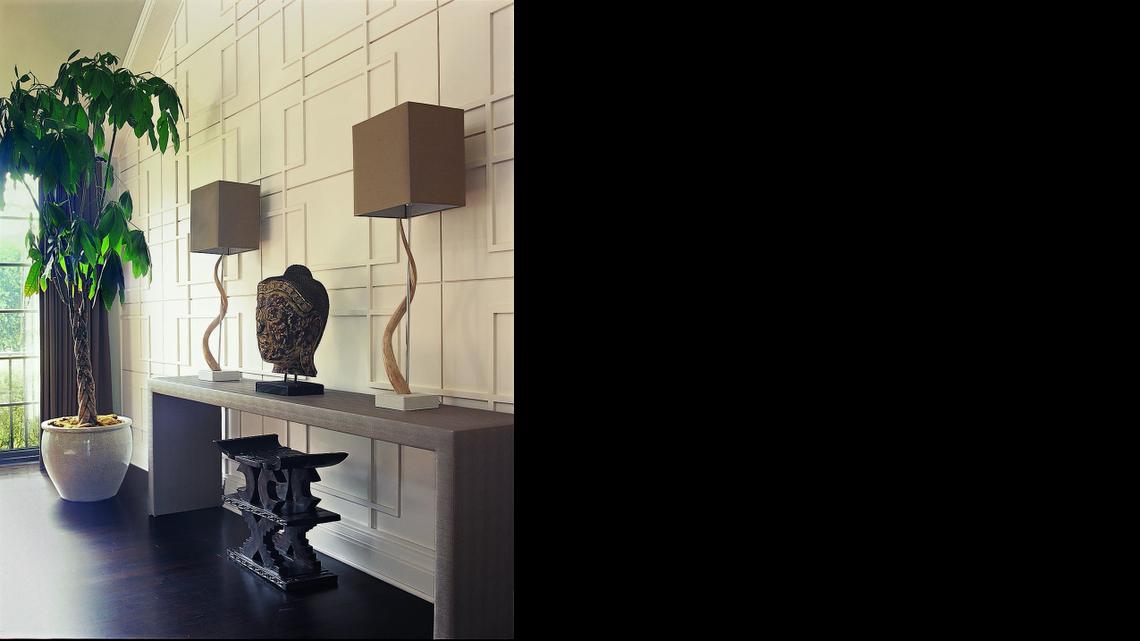 <cutline_leadin>ADDING TEXTURE:</cutline_leadin> This custom designed, chinoiserie-inspired fretwork pattern illustrates how you can change a room by adding decorative wood overlays to a wall.