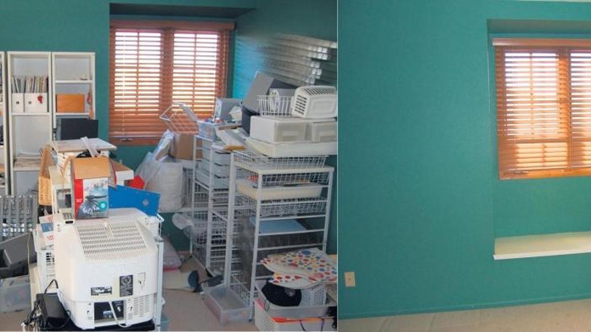 
A room was a storage mess in Cathi Rosengren’s home, left. After taking stock of what wasn’t needed and decluttering, the room has a very different look.

