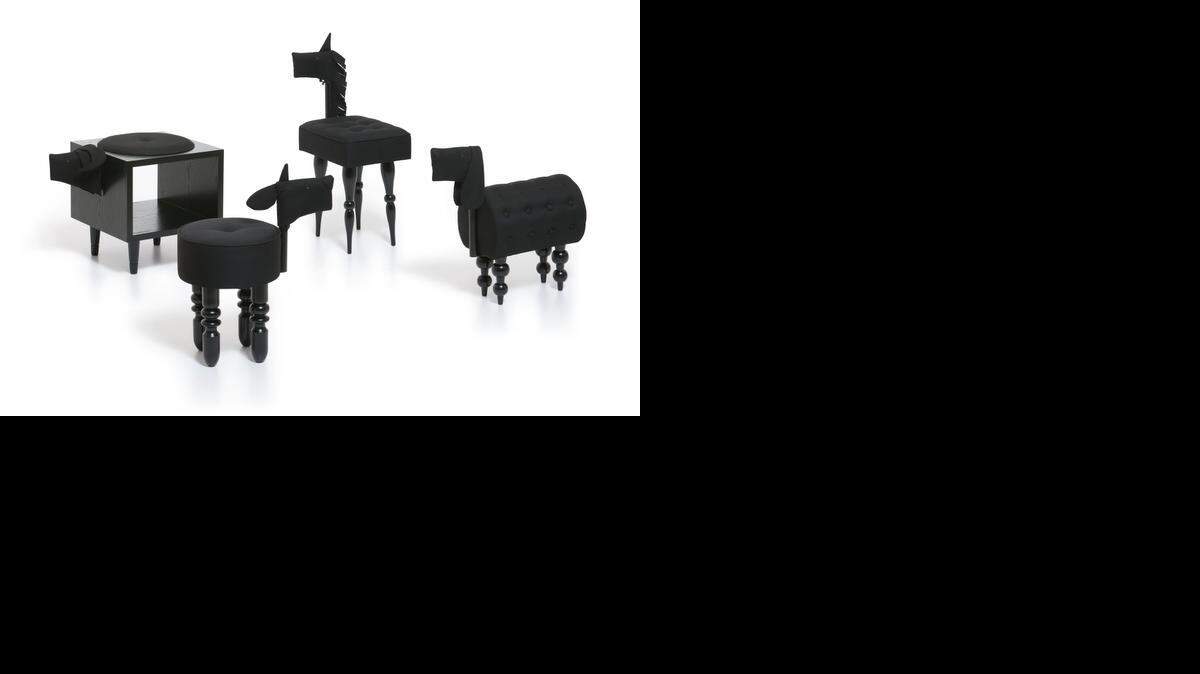 
Baugust’s whimsical chairs include a lamb, buffalo, dog and pony. Upholstered in black fabric and perched on curvy legs, they’re at once clever seating and sculpture that nods to pop art.
