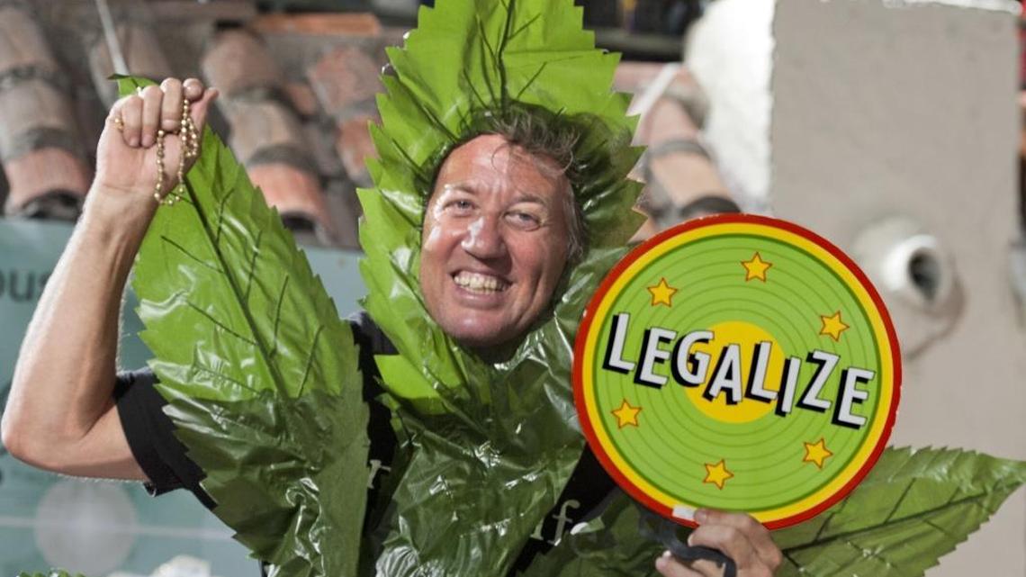 In this Saturday, Oct. 25, 2014, photo provided by the Florida Keys New Bureau, a man costumed as a marijuana leaf offers support for legalization as he rides a float during the Fantasy Fest Parade in Key West, Fla.