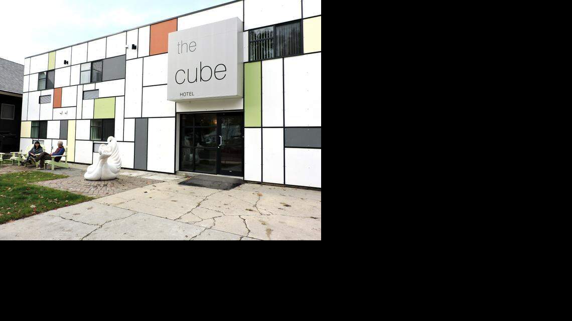 
The front of The Cube, a hostel experience near Revelstoke Mountain Resort in British Columbia that fancies itself a newer, hybrid take on lodging, offering fewer comforts than a regular hotel, but more amenities than a hostel.
