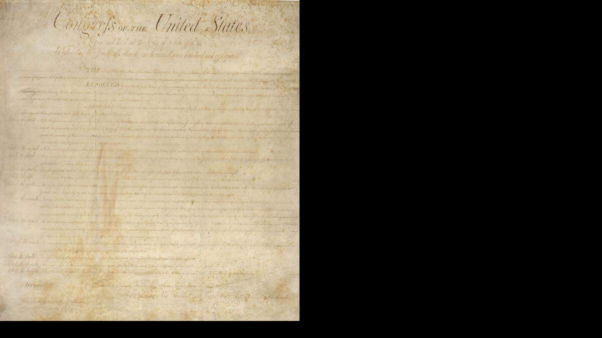 
The Bill of Rights, the first 10 amendments to the U.S. Constitution, is shown in this photo from the National Archives. 
