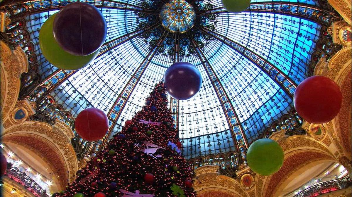 The spectacular stained-glass dome at the Galeries Lafayette department store in Paris is particularly festive during the holiday season.