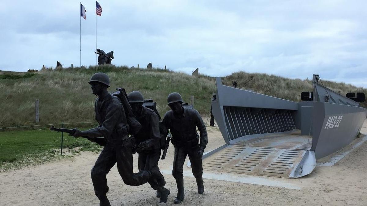 Landing craft memorial at Utah Beach, outside the World War II museum, Sainte-Marie-du-Mont, Normandy, France.