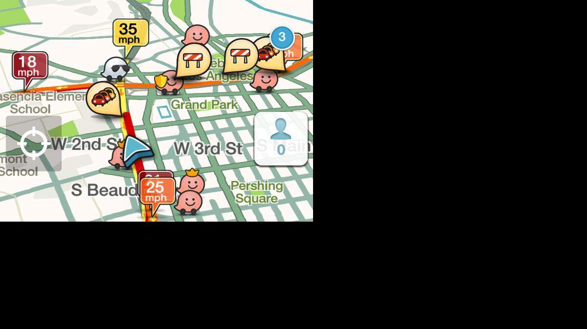 
This cell phone screen capture shows traffic alerts along a route displayed on a cell phone app called Waze, in Los Angeles on Nov. 24. 
