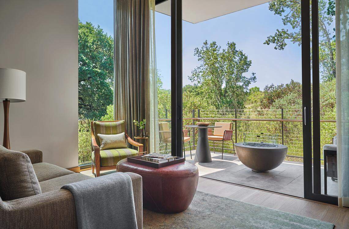 Bungalow-style guestrooms at Montage Healdsburg frame the surrounding vineyards and forest from every window.