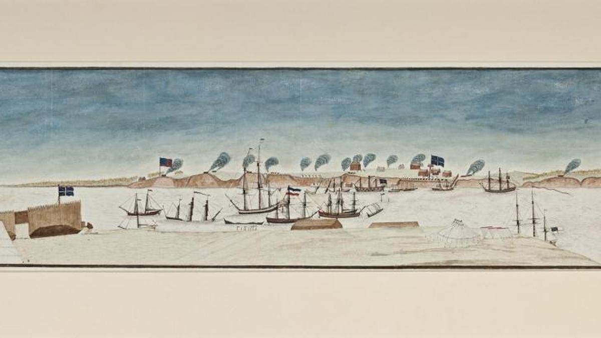 “Yorktown from Gloucester Point,” created by unidentified officer of the Queen’s Rangers, is part of the exhibition “We Are One: Mapping America’s Road from Revolution to Independence,” opening at the Art Museums of Colonial Williamsburg.