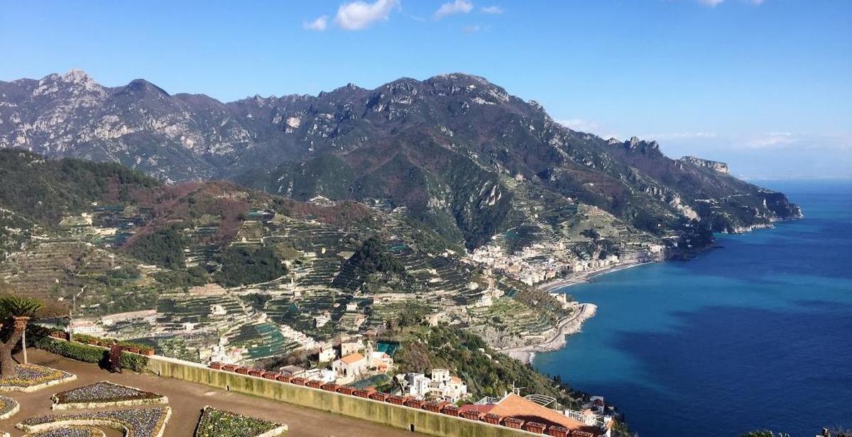 The view from Ravello, Italy, east along the Amalfi Coast to Minori, sister city Maiori, and the Amalfi Drive toward Salerno