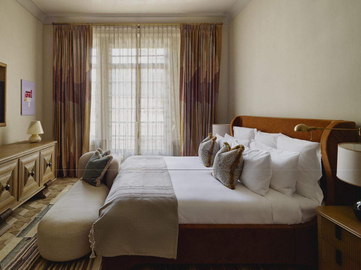 A guest bedroom at Soho House Mexico City, housed in a restored 1940s mansion in the Colonia Juárez neighborhood.