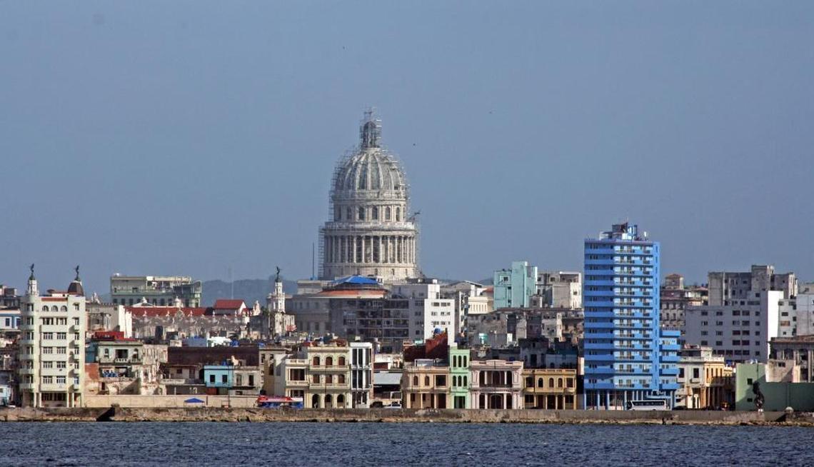 View of the Havana skyline as the Norwegian Sky leaves Cuba, dominated by the scaffolding-encircled dome of the Capitol, which is being renovated.