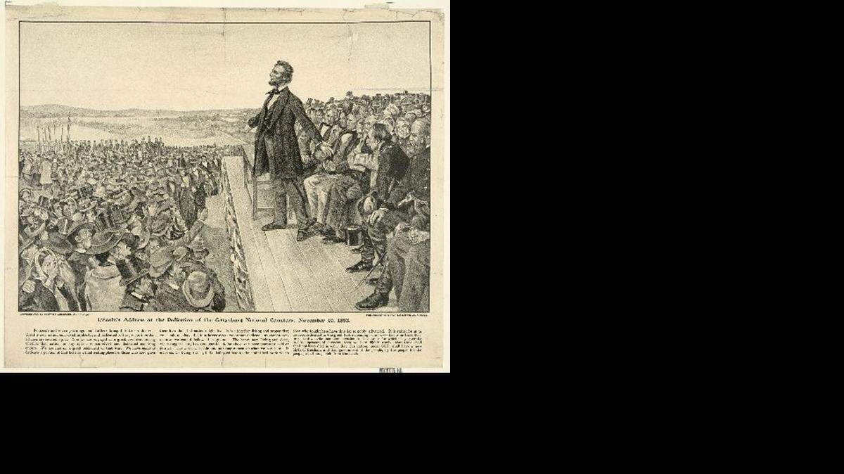 
This 1905 artist's rendering from the Sherwood Lithograph Co. via the Library of Congress depicts President Abraham Lincoln speaking at the dedication of the Gettysburg National Cemetery on Nov. 19, 1863.
