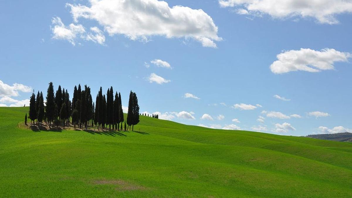 Much of the Tuscan countryside is a confection of green hills and blue sky.