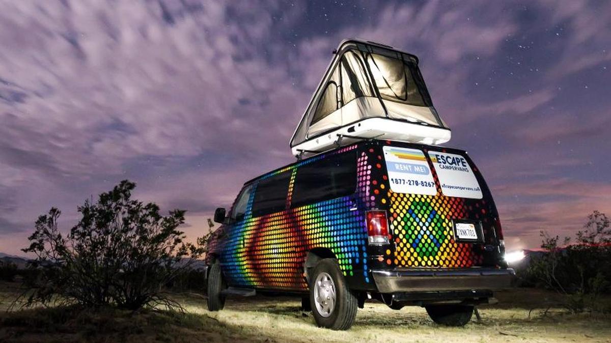 With the addition of an optional rooftop tent, four people can sleep comfortably in the artist-painted Escape Campervans. They come with a queen-size bed, bedding and basic kitchen and camping gear.