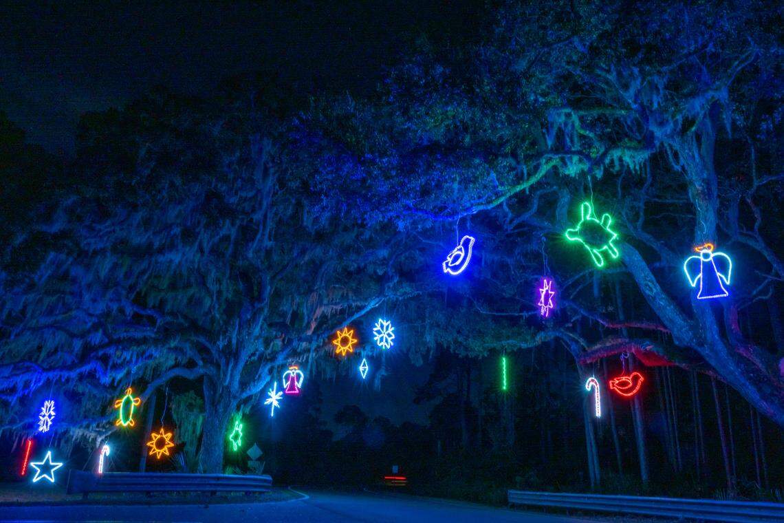 Holiday lights glow beneath the island’s iconic moss-draped oak trees.