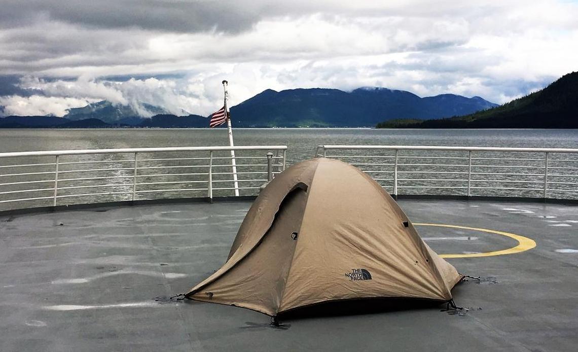 A tent ready for the night as the ferry Matanuska churns toward Skagway, Alaska.
