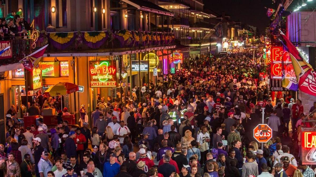 Crowds on Bourbon Street.