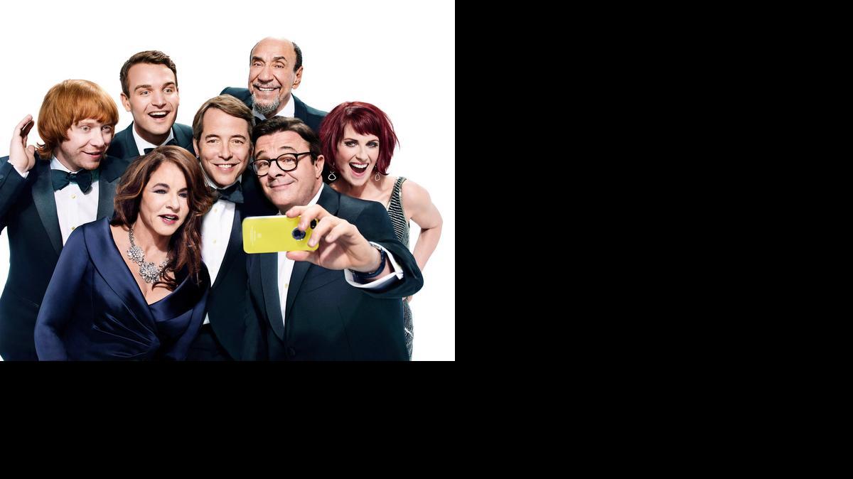 <cutline_leadin>‘It’s Only a Play’: </cutline_leadin>Nathan Lane holds the phone as, clockwise, Matthew Broderick, Stockard Channing, Rupert Grint, Micah Stock, F. Murray Abraham and Megan Mullally snap a selfie.