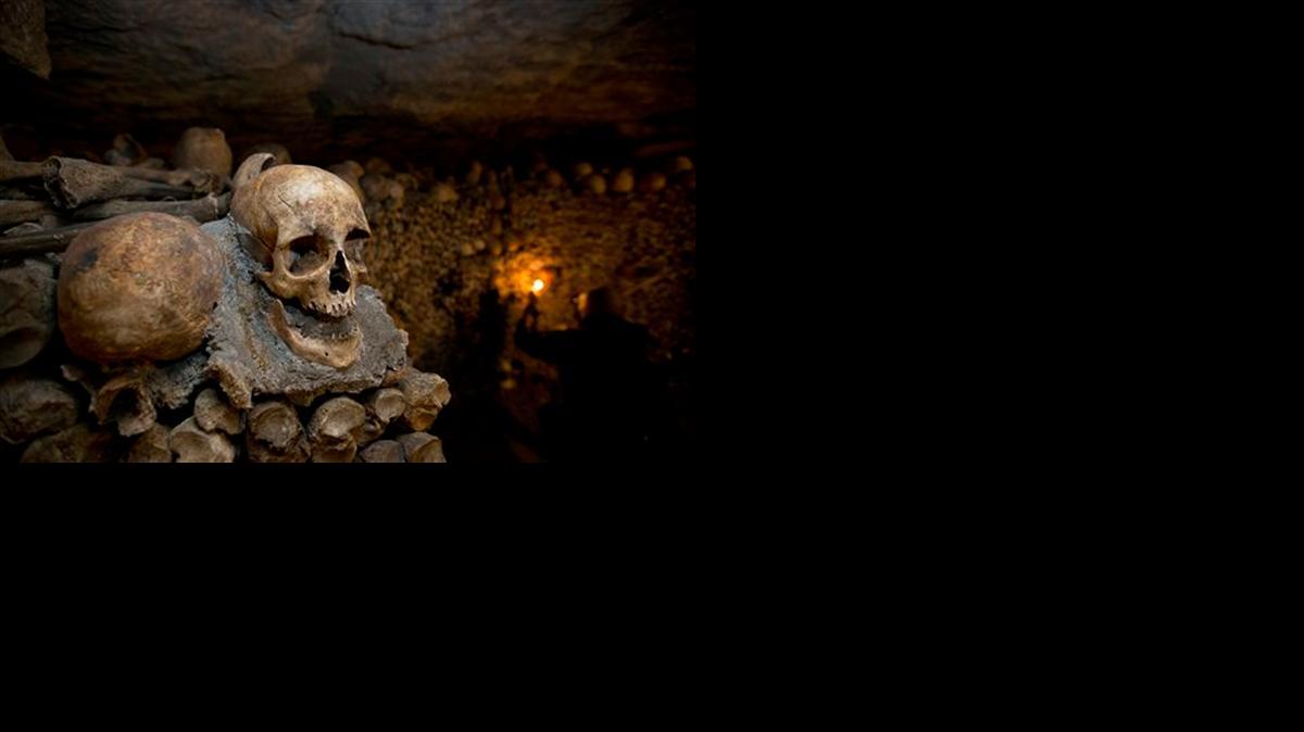 
Skulls and bones are stacked at the Catacombs in Paris

