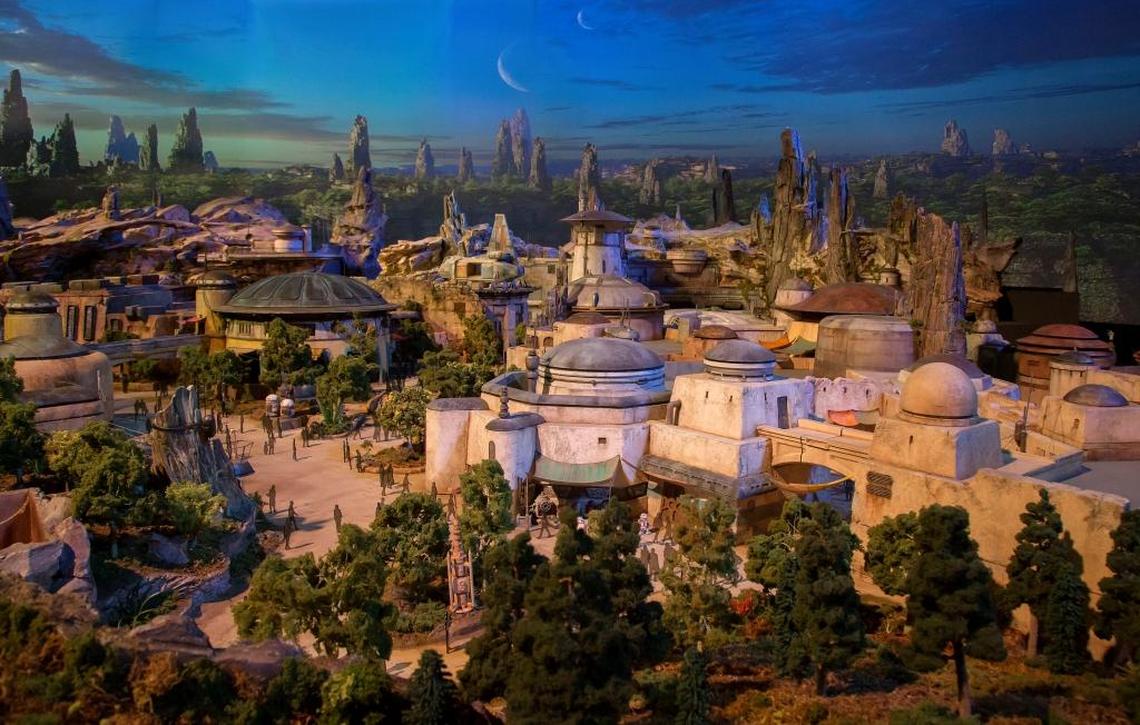 A fully detailed model of the Star Wars-themed lands under development at Disneyland park in California and Hollywood Studios in Orlando was unveiled at the D23 Expo.