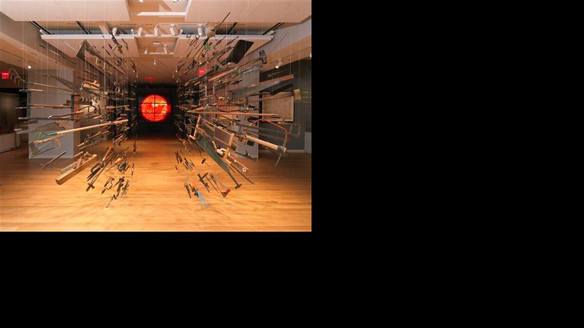 
This photo provided by Cooper Hewitt, Smithsonian Design Museum shows the-installation view of Tools: Extending Our Reach featuring Controller of the Universe by Damián Ortega and Solar Wall at the museum in New York. 
