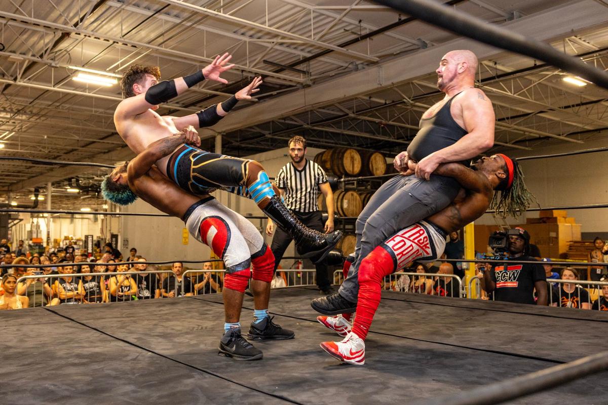Mikey Spandex and Marquis Carter slam Stallion Rogers and Danny Briggs during the Bash at the Brew.