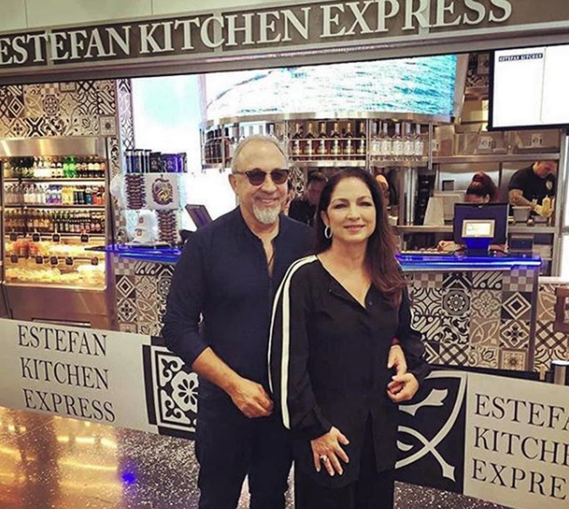 Emilio and Gloria Estefan at Estefan Kitchen Express at Miami International Airport.