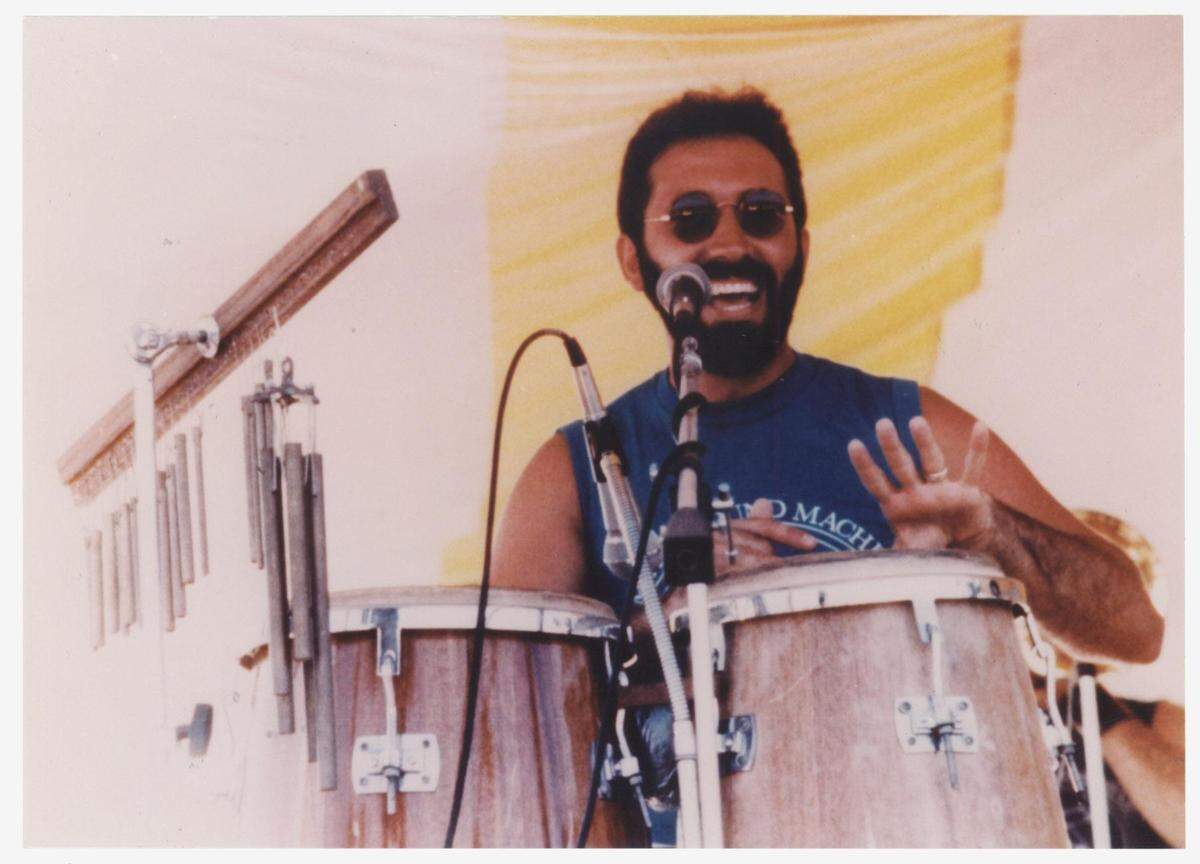 Emilio Estefan on the drums, circa 1985.