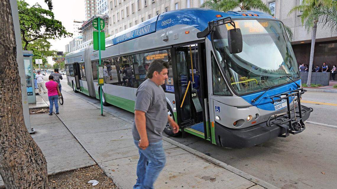 A Miami-Dade bus makes its rounds. The county uses portions of a half-percent sales tax to subsidize its transit system, despite a pledge in 2002 to restrict the new dollars to large purchases and limited operating and maintenance expenses. There’s a fight underway to return Miami-Dade to the original rules.