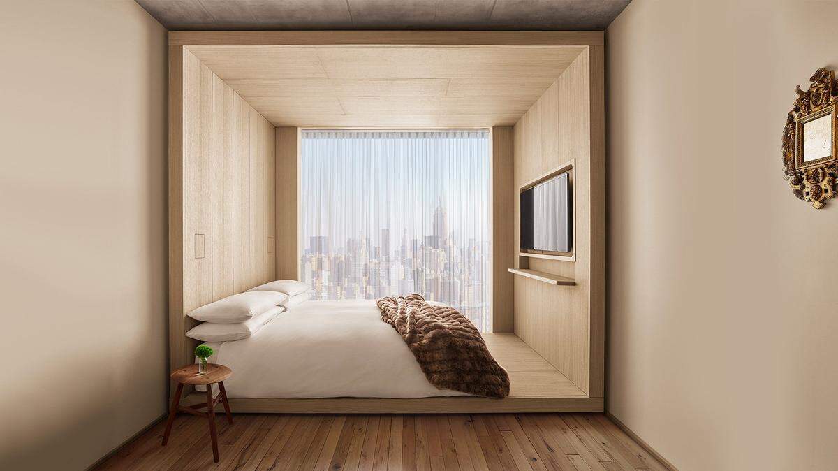 A minimalist guest room at Ian Schrager's brand new Public hotel on New York's Lower East Side.