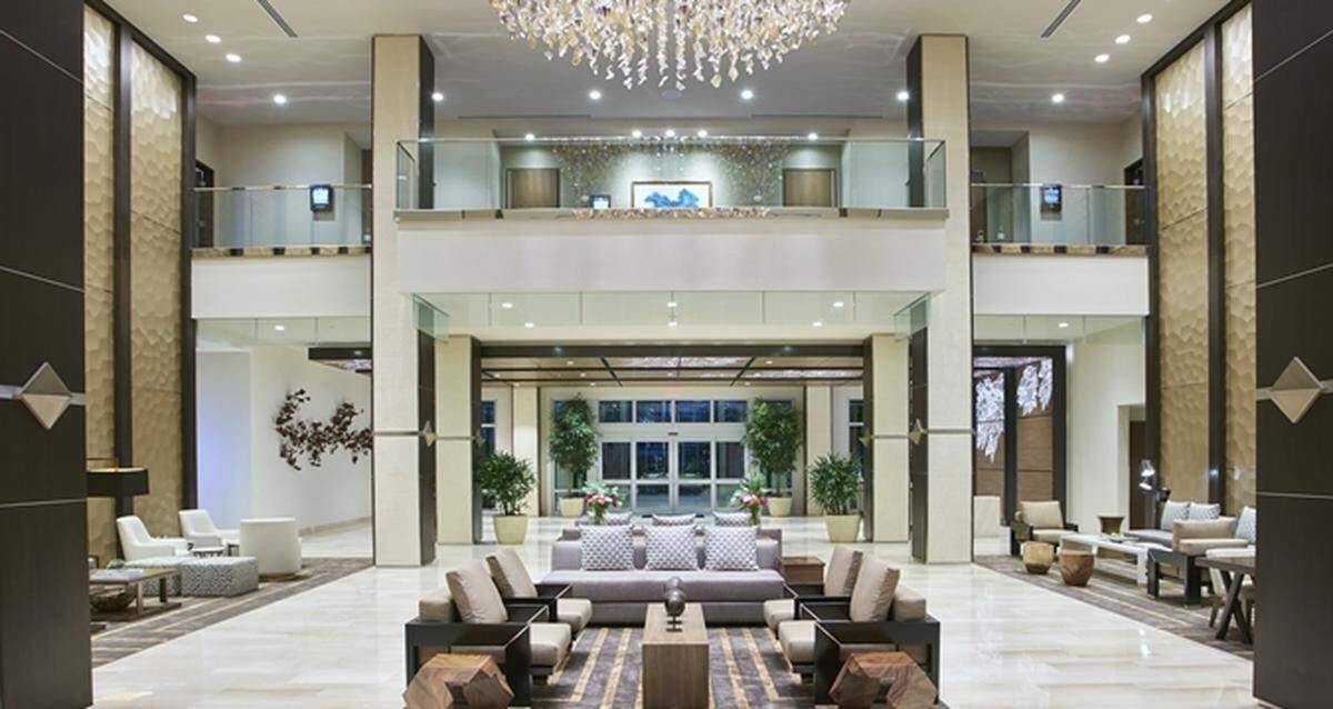 The luxe lobby of the Hilton West Palm Beach.