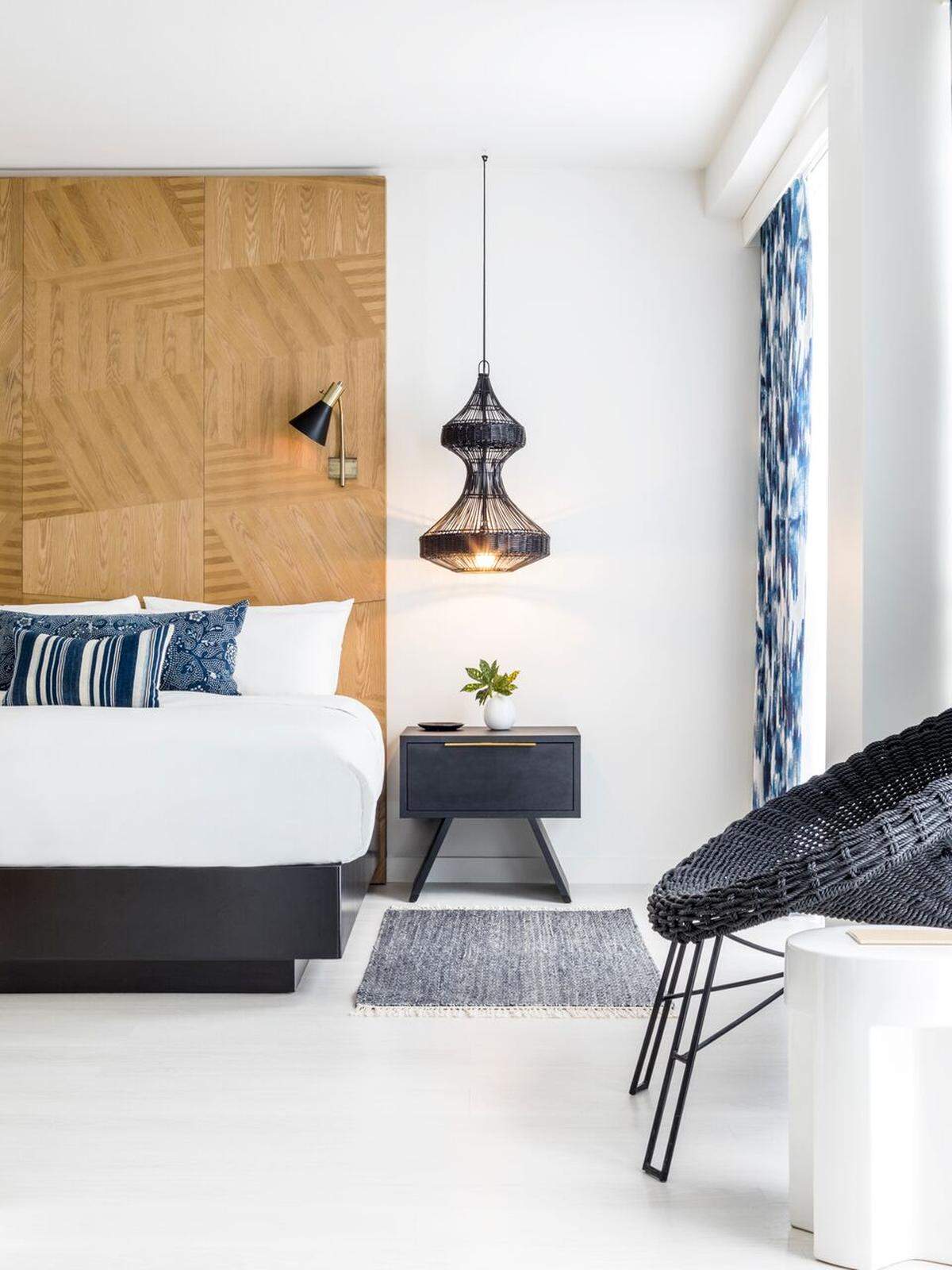 Guest rooms inside the new Kimpton Angler's take on a modern, playful design scheme.