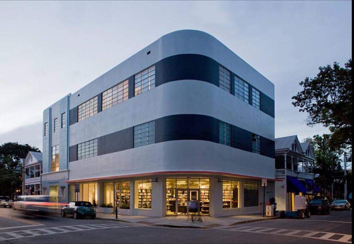 The tropical moderne lines of Books &amp; Books at the Studios of Key West.