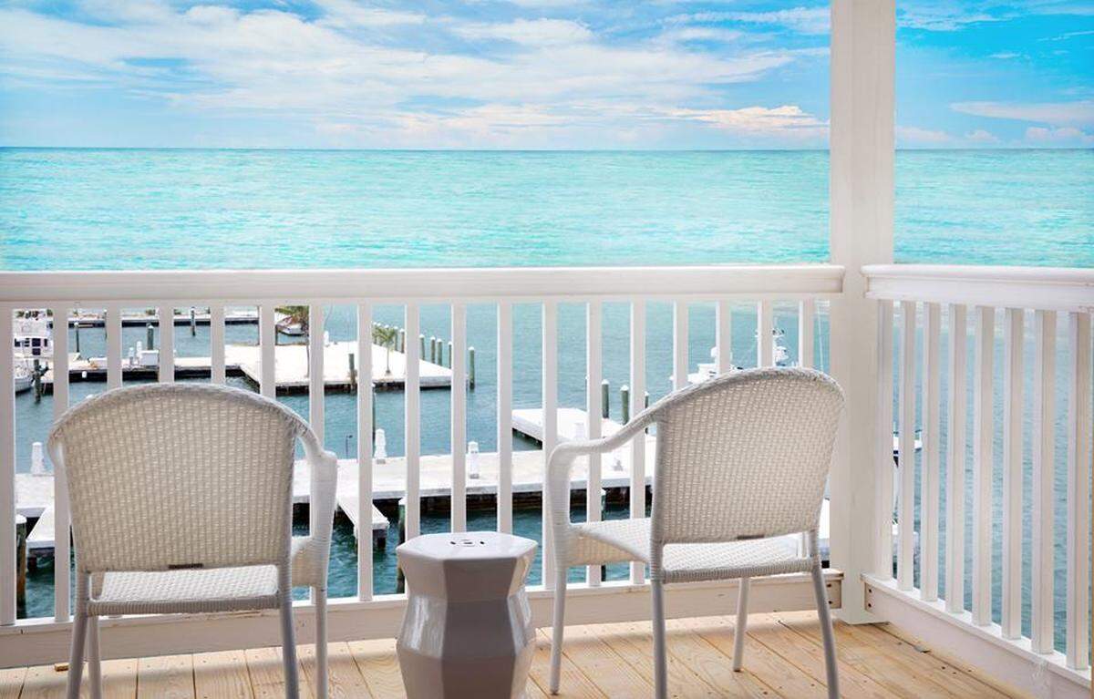 A balcony overlooking Oceanside Marina from Stock Island's first hotel Ocean's Edge.