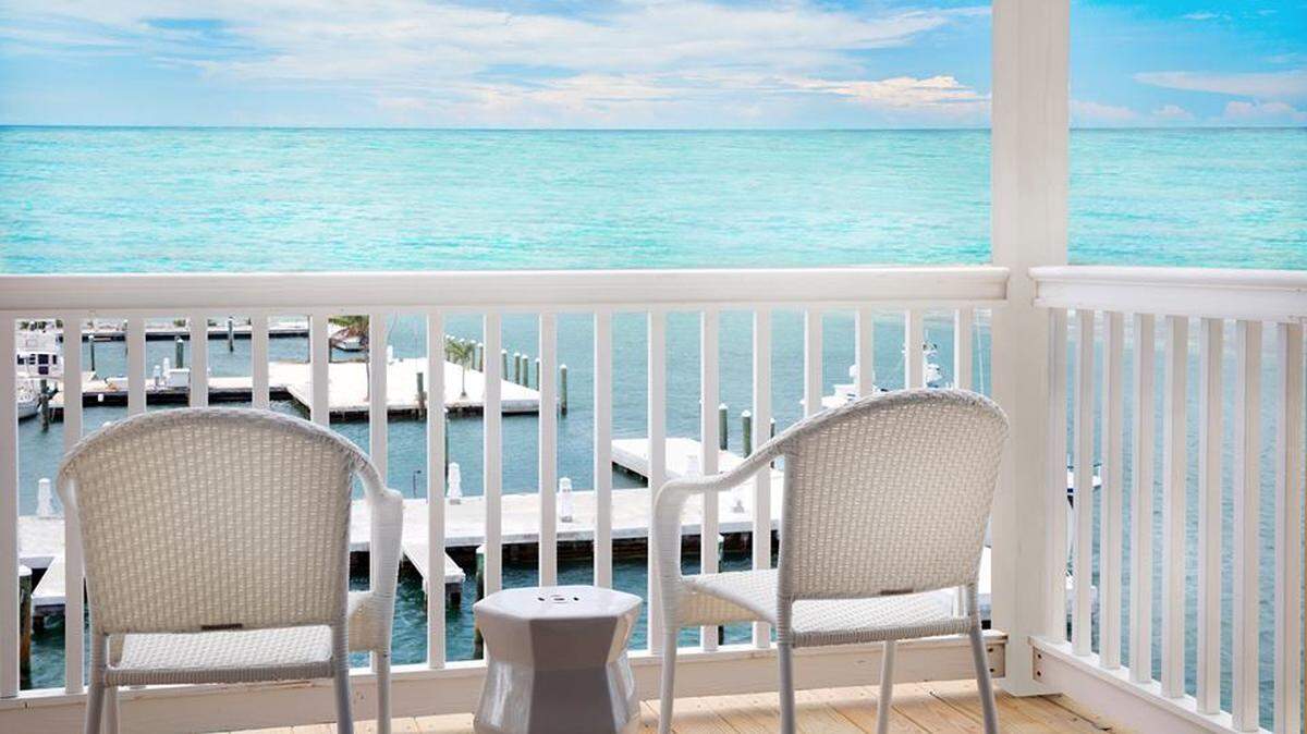 A balcony overlooking Oceanside Marina from Stock Island's first hotel Ocean's Edge.