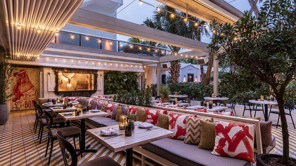 The outdoor dining room of Bird & Bone, new at The Confidante hotel.