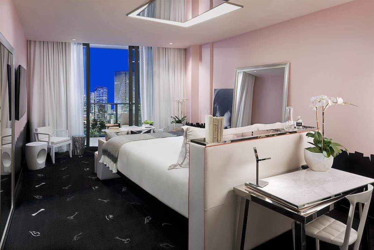 A sexy Starck guest room at SLS Brickell.
