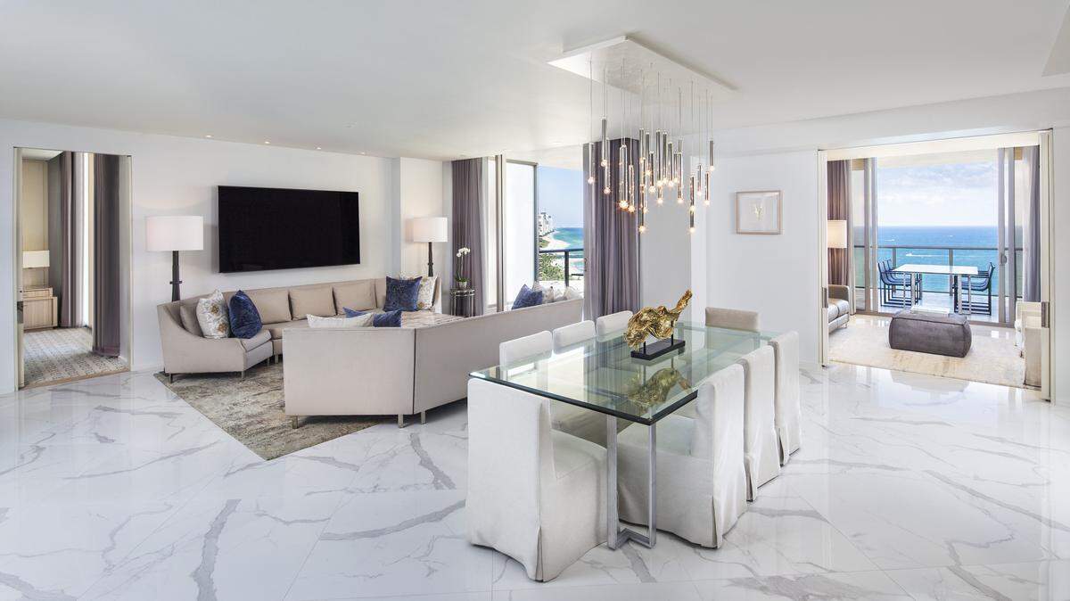 The living room of one of Bal Harbour's new four-bedroom Sky Palace Suites