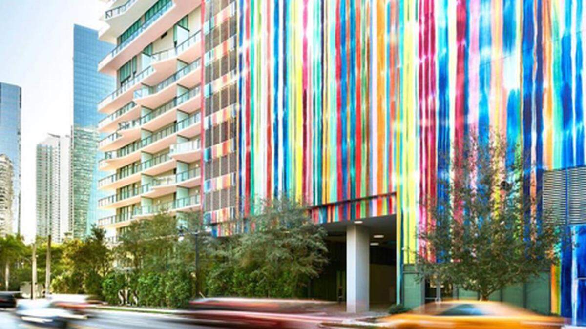 SLS Brickell facade with a site-specific installation by German artist Markus Linnenbrink